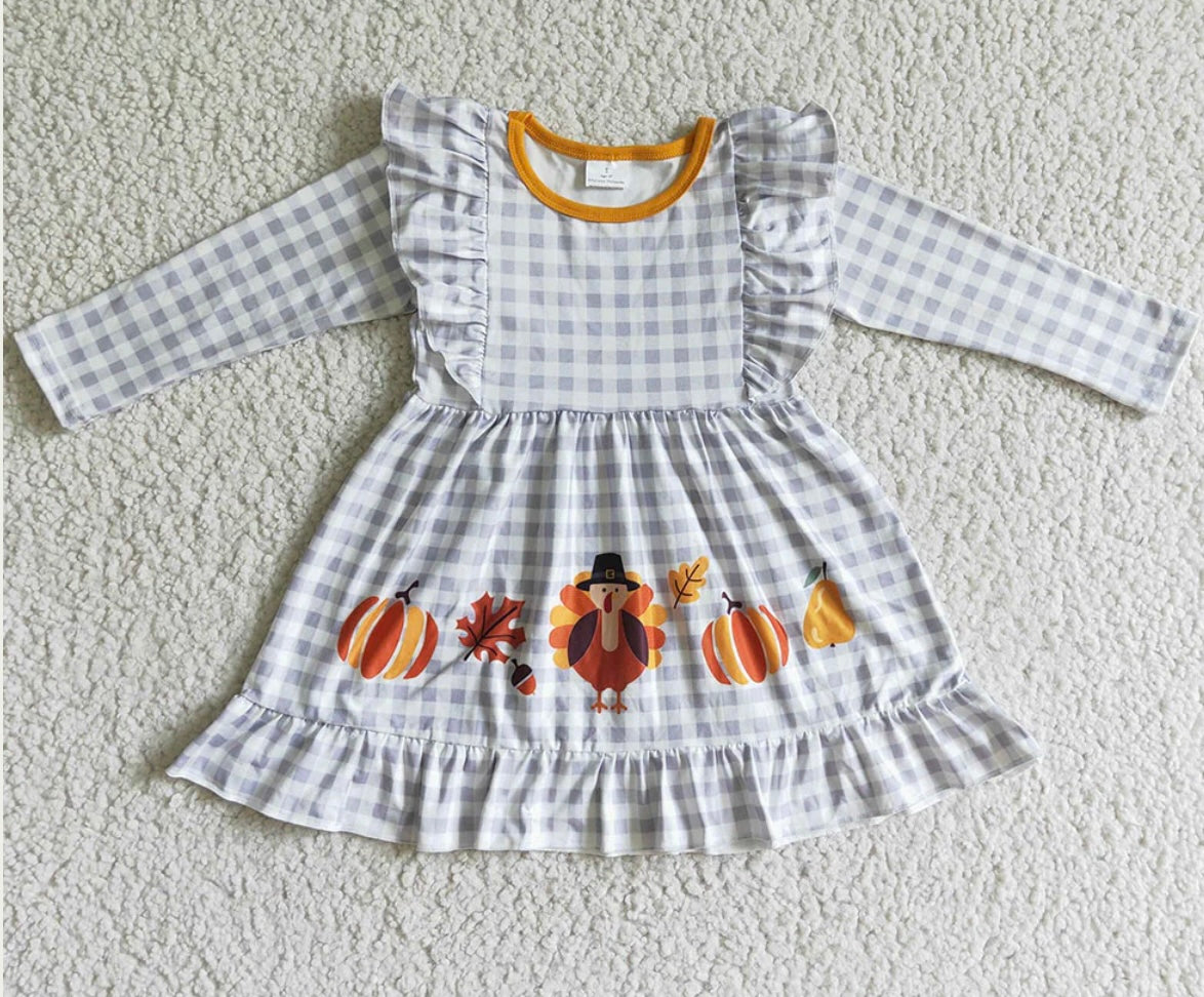 Thanksgiving Turkey & Pumpkin Gingham Dress