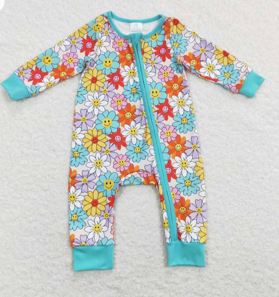 Retro Smiley Daisy Zipper Romper Pajamas